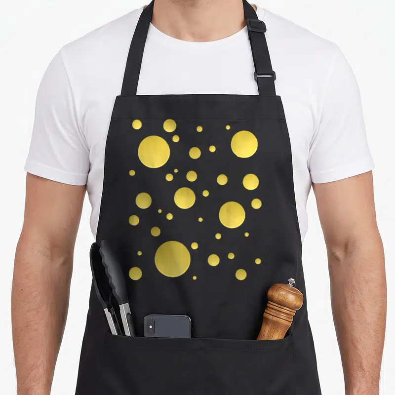 Tablier de cuisine noir avec des bulles jaunes rondes de tailles variées imitant le fromage.