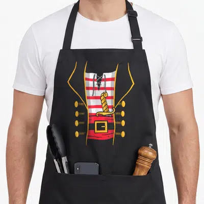 Tablier de cuisine noir avec illustration de corsaire rouge blanc sabre et boutons dorés