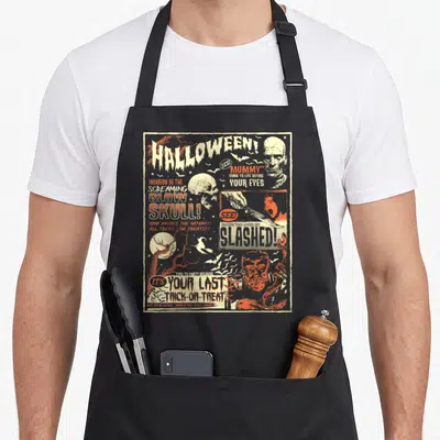 Tablier de cuisine noir avec affiche vintage Halloween montrant un crâne, une momie et des textes comme Slashed et Glow Skull en orange et blanc.