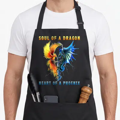 Tablier de cuisine noir avec un dragon bleu et un phénix orange tenant une épée ensemble.