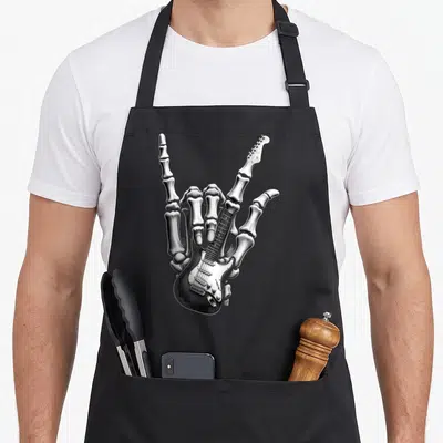 Tablier de cuisine noir avec une main squelettique tenant une guitare électrique en signe rock.