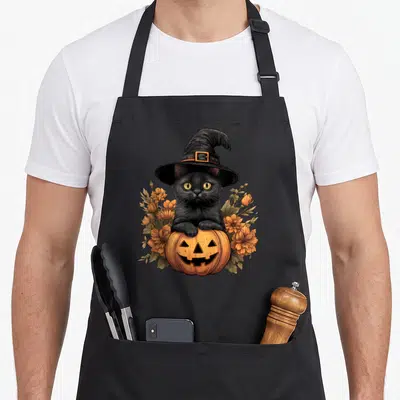Tablier de cuisine noir avec un chat noir au chapeau de sorcière assis sur une citrouille jack-o-lantern entourée de fleurs orange.