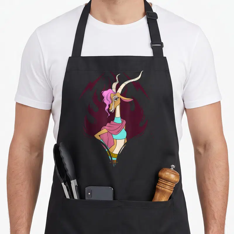 Tablier de cuisine noir avec illustration colorée de Gazelle aux cheveux roses et éclairs violets en arrière-plan.
