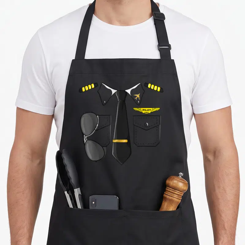 Tablier de cuisine noir avec illustration de cravate, ailes de pilote, épaulettes et lunettes de soleil grises.