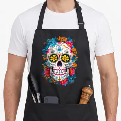 Tablier de cuisine noir avec une calavera Sugar Skull aux couleurs vives entourée de fleurs stylisées et de motifs ornementaux.
