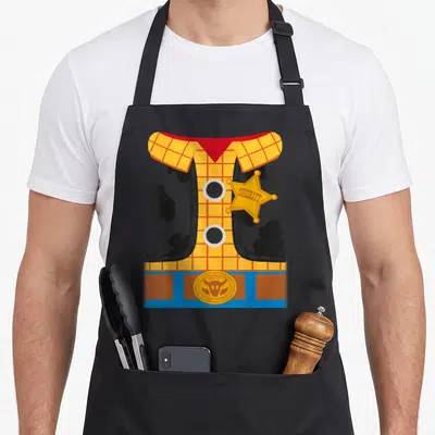 Tablier de cuisine noir avec motif costume Woody chemise carreaux jaune badge sheriff ceinture bleue.