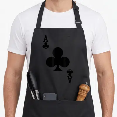 Tablier de cuisine noir avec motif As de Trèfle, lettre A et symbole de carte à jouer au centre.