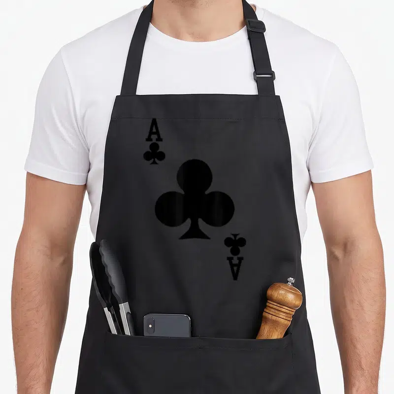 Tablier de cuisine noir avec motif As de Trèfle, lettre A et symbole de carte à jouer au centre.