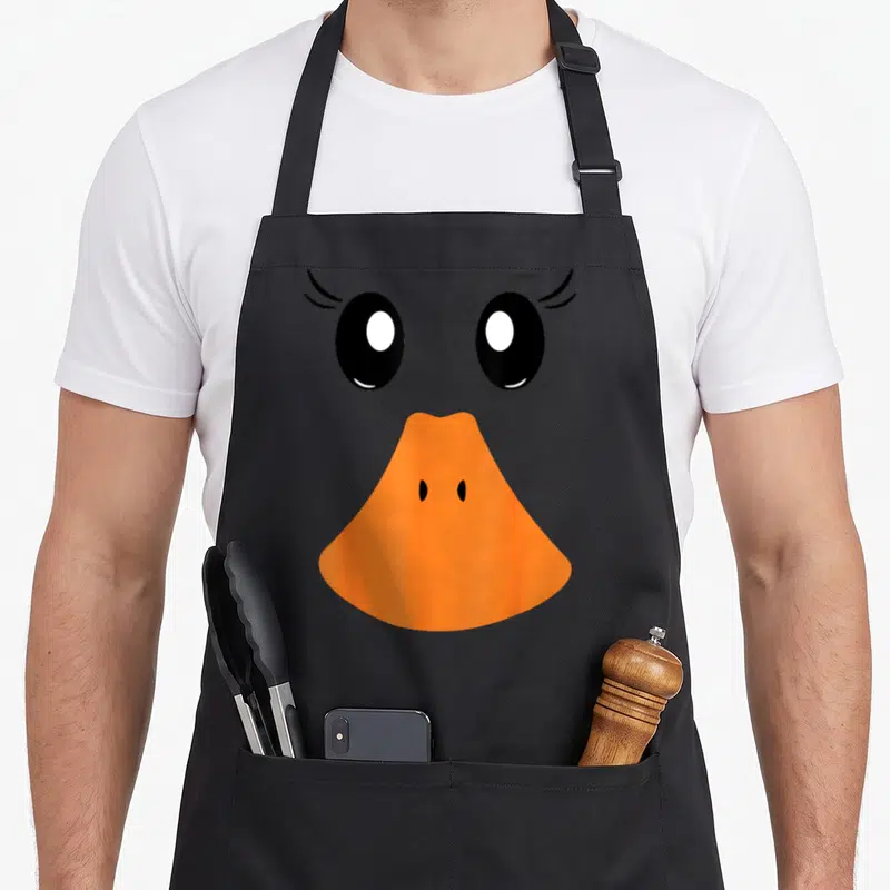 Tablier de cuisine noir avec visage de canard aux grands yeux noirs et bec orange vif.