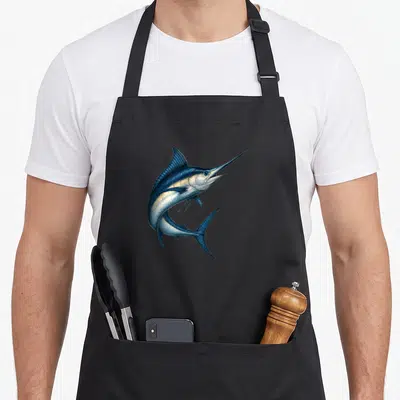 Tablier de cuisine noir avec illustration d'un espadon Marlin sautant en bleu et blanc.