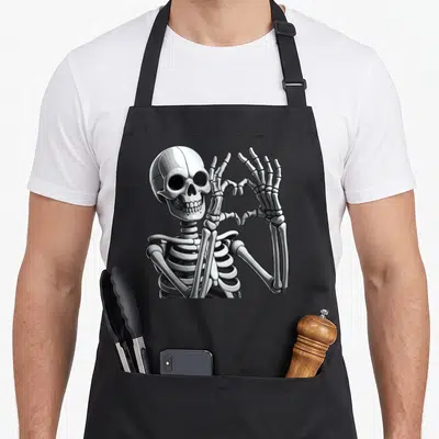 Tablier de cuisine noir avec un squelette dessinant un signe d'amour avec ses mains osseuses en gris et blanc.