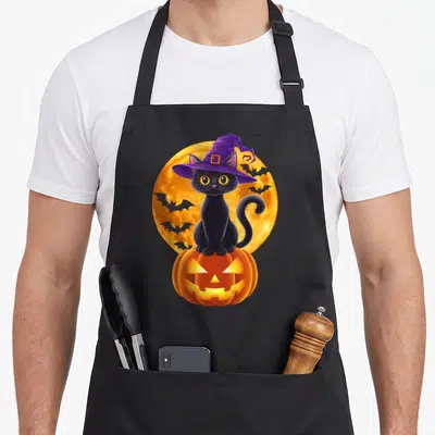 Tablier de cuisine noir avec un chat noir au chapeau violet assis sur une citrouille Halloween devant une lune orange.