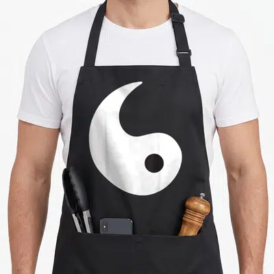 Tablier de cuisine noir avec motif Yin Easy Costume d'Halloween couple Yin et Yang en blanc et noir.