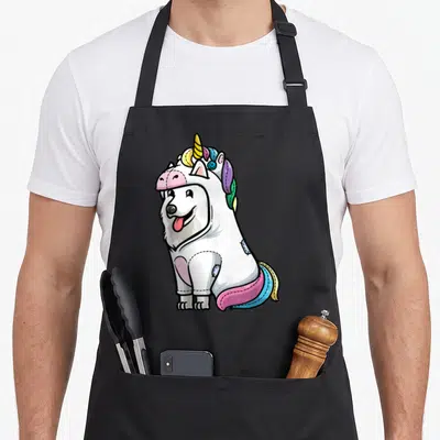 Tablier de cuisine noir avec illustration d'un chien blanc vêtu d'une tenue de licorne aux couleurs vives.
