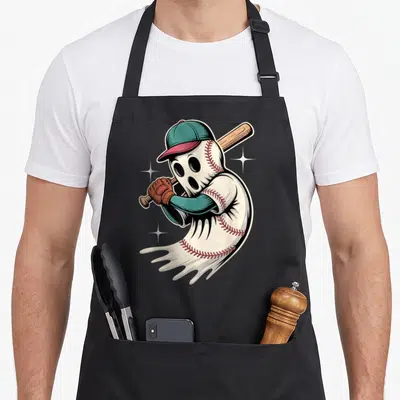 Tablier de cuisine noir avec illustration d'un fantôme baseball portant une casquette et tenant une batte en bois.