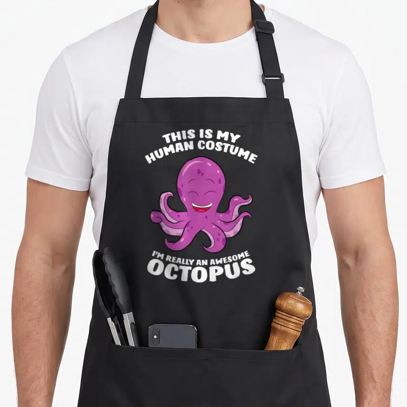 Tablier de cuisine noir avec illustration d'une pieuvre rose souriante et texte blanc en anglais.