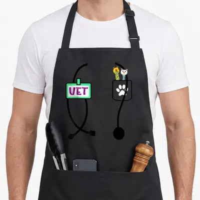 Tablier de cuisine noir avec motif stéthoscope UET poche à patte et animaux colorés