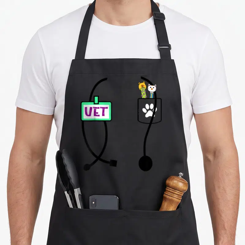 Tablier de cuisine noir avec motif stéthoscope UET poche à patte et animaux colorés