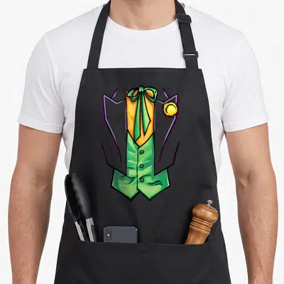 Tablier de cuisine noir avec illustration de veston violet, gilet vert, nœud papillon et fleur jaune style Joker.