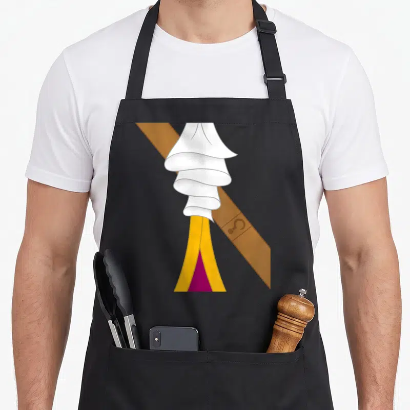 Tablier de cuisine noir avec illustration de ceinture et crochets blancs de Capitaine Crochet