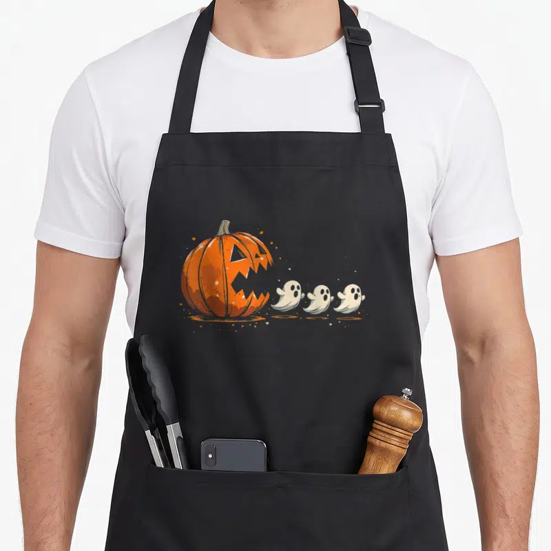 Tablier de cuisine noir avec une citrouille orange géante et trois petits fantômes blancs fuyant devant sa bouche ouverte.