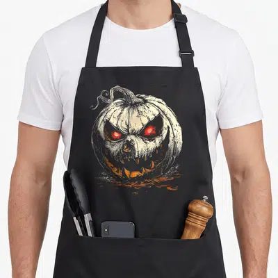 Tablier de cuisine noir avec illustration citrouille aux yeux rouges et sourire effrayant en style graphique sombre.