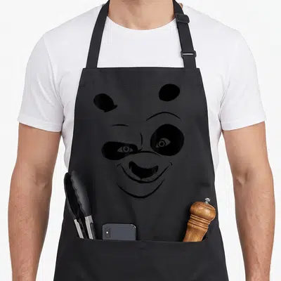 Tablier de cuisine noir avec le visage stylisé d'un panda au sourire large et aux yeux rieurs.