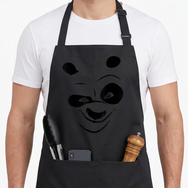 Tablier de cuisine noir avec le visage stylisé d'un panda au sourire large et aux yeux rieurs.