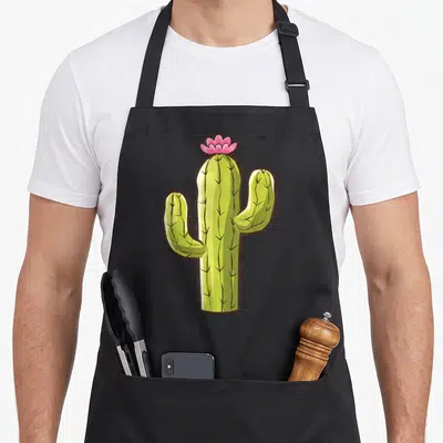 Tablier de cuisine noir avec illustration d'un cactus vert à bras et une fleur rose sur le sommet.