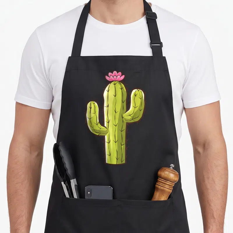 Tablier de cuisine noir avec illustration d'un cactus vert à bras et une fleur rose sur le sommet.