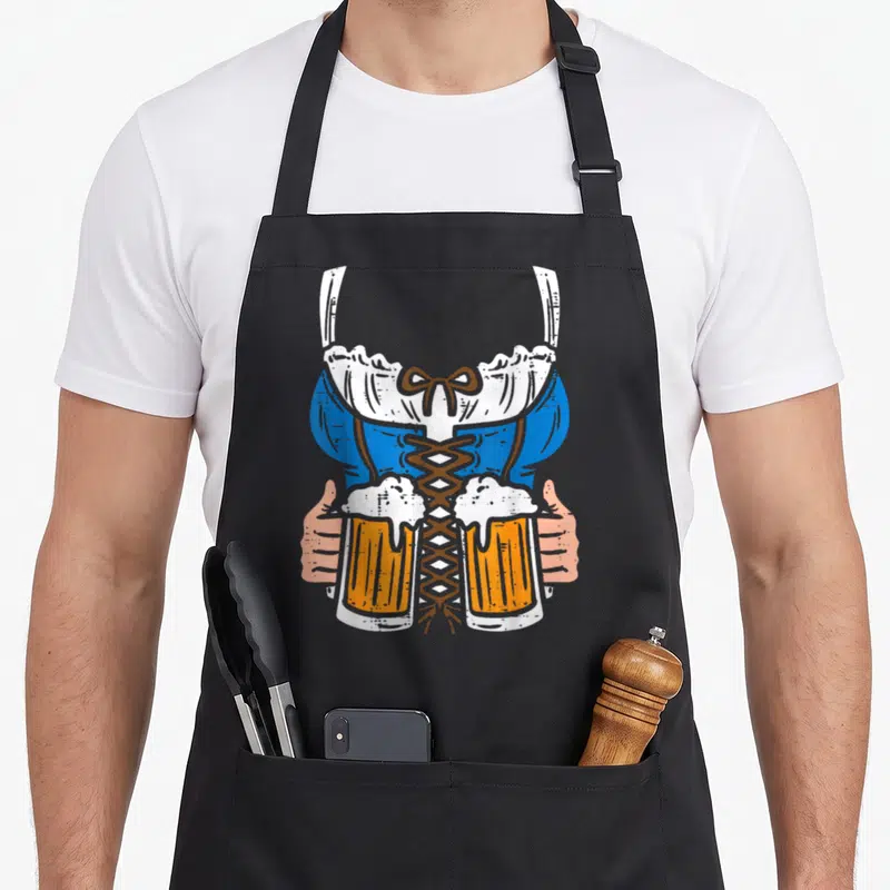 Tablier de cuisine noir avec illustration d'un corsage bleu lacé tenant deux grandes bières.