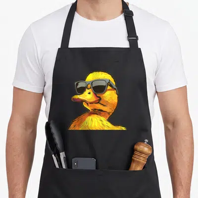 Tablier de cuisine noir avec illustration d'un canard jaune portant des lunettes de soleil noires.