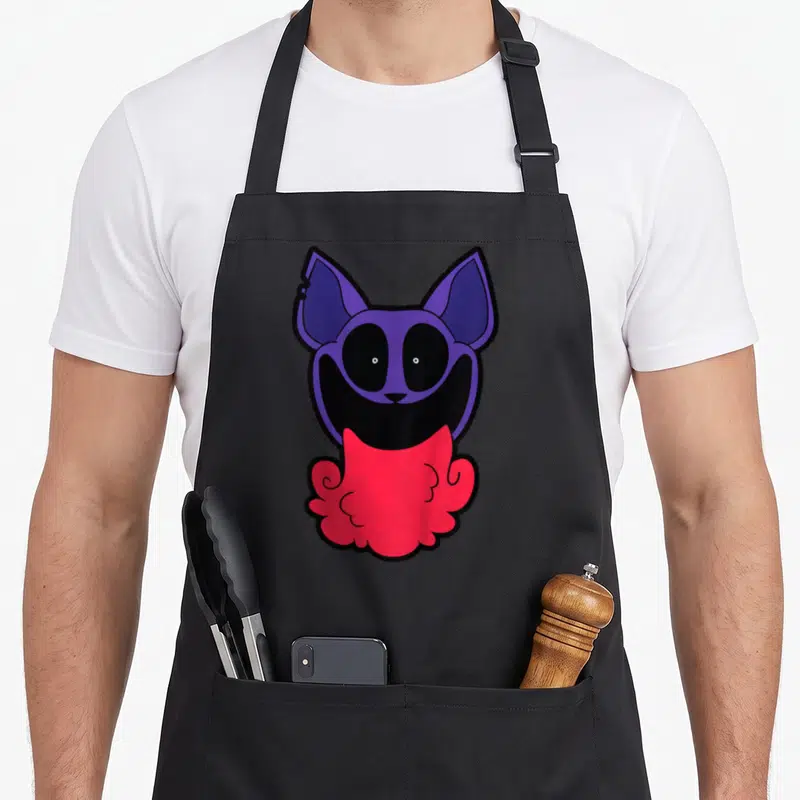 Tablier de cuisine noir avec tête de Chat soufflant une fumée rouge vif.