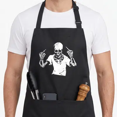 Tablier de cuisine noir avec illustration squelette faisant un geste d'insulte aux deux mains