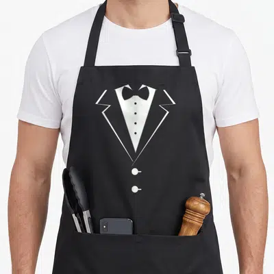 Tablier de cuisine noir avec illustration blanche d'un costume de soirée et d'un nœud papillon stylisé au centre.