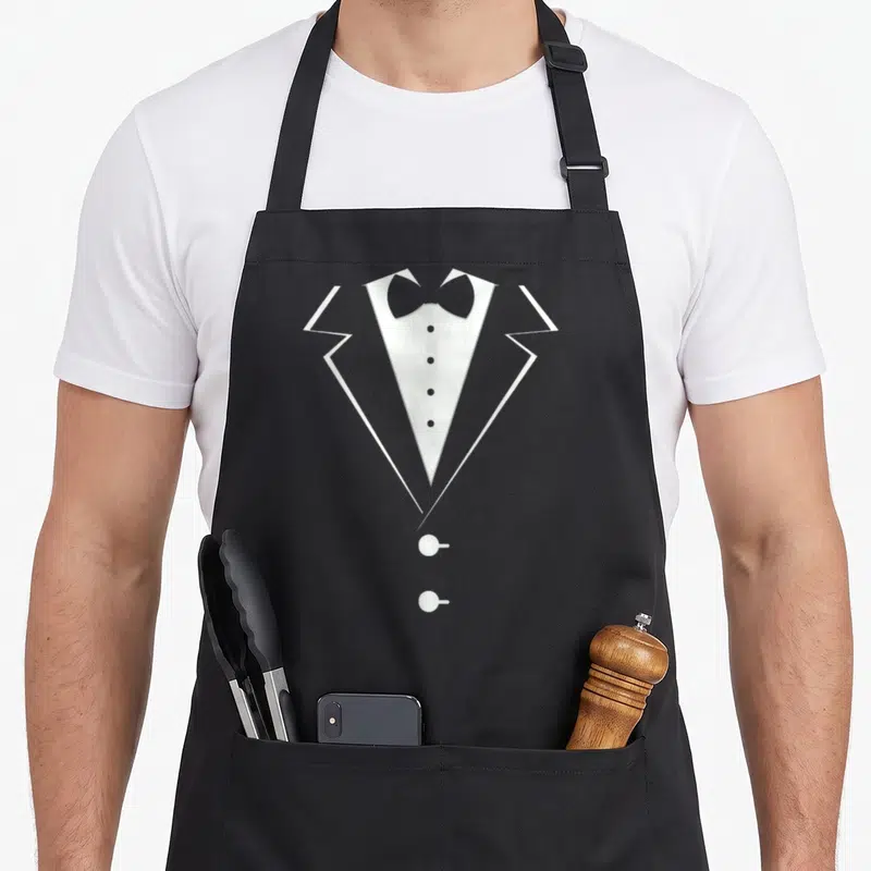 Tablier de cuisine noir avec illustration blanche d'un costume de soirée et d'un nœud papillon stylisé au centre.