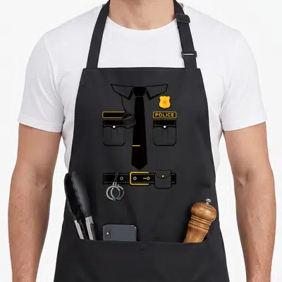 Tablier de cuisine noir avec illustration d'un uniforme de police incluant cravate, badge et menottes.