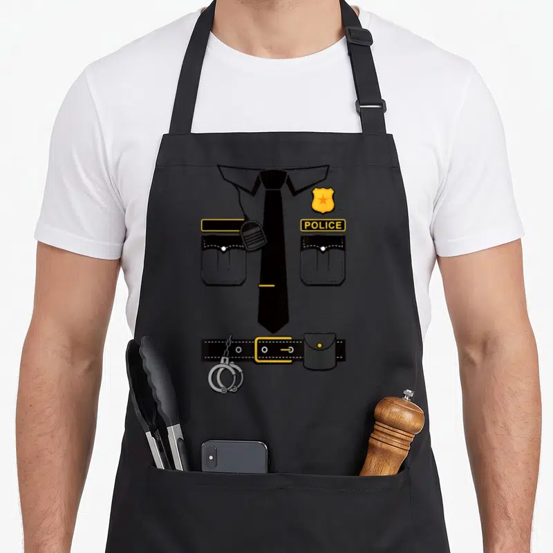 Tablier de cuisine noir avec illustration d'un uniforme de police incluant cravate, badge et menottes.