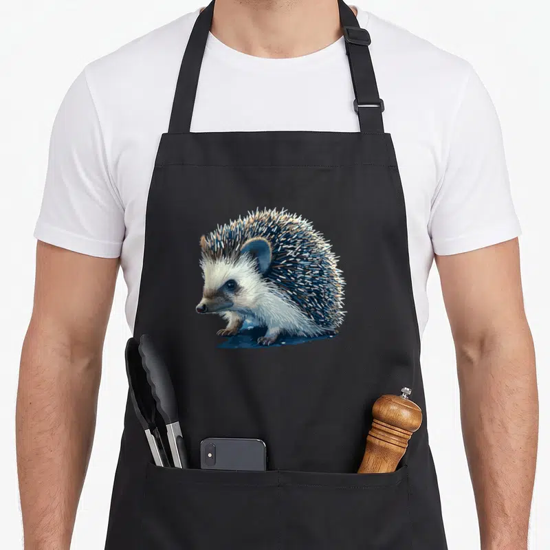 Tablier de cuisine noir avec illustration détaillée d'un hérisson aux piquants blancs et bruns sur fond uni.
