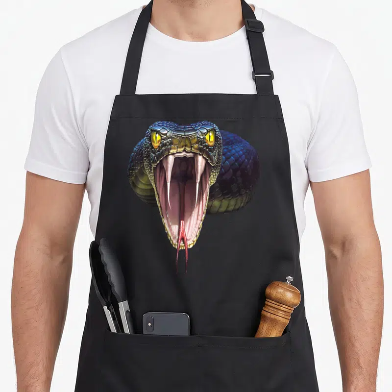 Tablier de cuisine noir avec tête de serpent aux yeux jaunes et gueule ouverte montrant des crocs acérés.