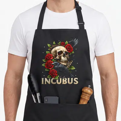 Tablier de cuisine noir avec illustration gothique représentant une tête de mort entourée de roses et d'un corbeau.
