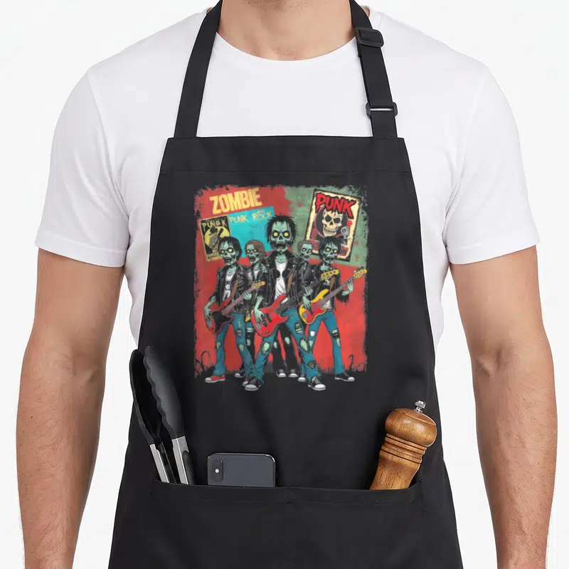 Tablier de cuisine noir avec illustration d'un groupe de zombies punk rock jouant des instruments.