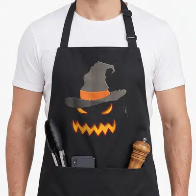 Tablier de cuisine noir avec tête de citrouille orange coiffée d'un chapeau de sorcière gris et une araignée suspendue.