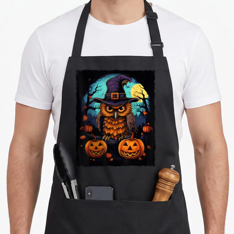 Tablier de cuisine noir avec hibou au chapeau violet et deux lanternes d'Halloween souriantes.