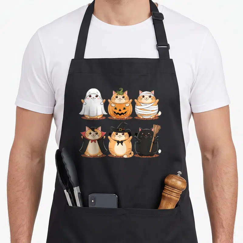 Tablier de cuisine noir avec six illustrations de chats mignons déguisés en fantôme, sorcière, momie et citrouille pour Halloween.