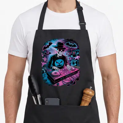 Tablier de cuisine noir avec un squelette DJ en chapeau jouant du synthétiseur entouré de fantômes et de chauves-souris en couleurs néon.