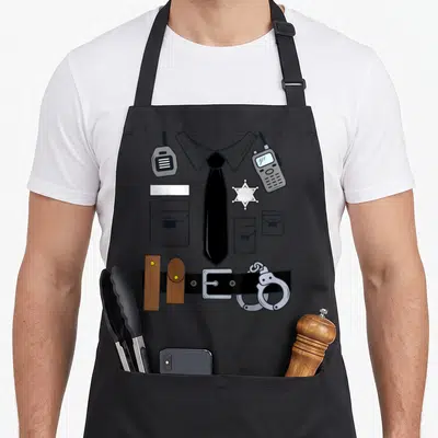 Tablier de cuisine noir avec illustration d'un costume de policier incluant cravate, badge, radio et menottes.