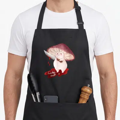 Tablier de cuisine noir avec illustration d'un champignon rose tenant un couteau sur une flaque rouge et le texte « Ado mais ».