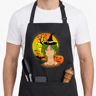 Tablier de cuisine noir avec illustration d'une sorcière aux cheveux verts et pumpkin souriant devant un soleil orange.