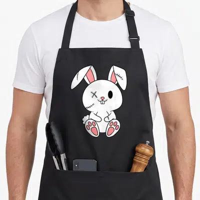 Tablier de cuisine noir avec illustration d'un lapin blanc aux coutures noires et yeux noir.